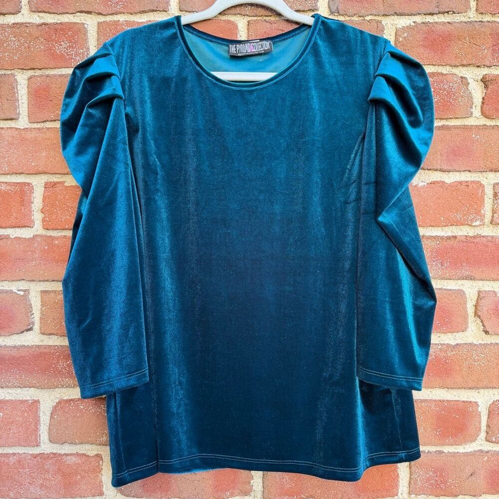 The Pyramid Collection Velvet Puff Sleeve Whimsigoth Top Turquoise 1X NEW